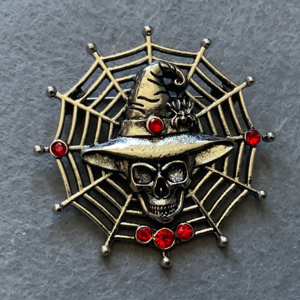 Vintage Halloween Skull Witch Hat Spiderweb Brooch Red Rhinestone Silver Tone